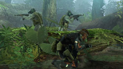 Snake in a croutch to avoid enemies in Metal Gear Solid Peace Walker