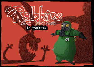 Verminator in the shadow of a crazed Rabbid in Rabbids go Home for DS and DSi