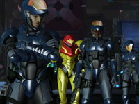 Samus interacting with other characters in Metroid: Other M Samus interacting with other characters in Metroid: Other M