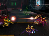 Samus battling enemies in expansive environment in Metroid: Other M Samus battling enemies in expansive environment in Metroid: Other M