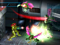 Samus taking on hordes of enemies in side-scrolling platforming action in Metroid: Other M Samus taking on hordes of enemies in side-scrolling platforming action in Metroid: Other M
