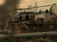Helicopter surveying damage over Liberty City in Grand Theft Auto: Episodes from Liberty City