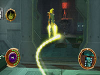 Jak using a jetpack to do some vertical platforming in Jak and Daxter: The Lost Frontier Jak using a jetpack to do some vertical platforming in Jak and Daxter: The Lost Frontier