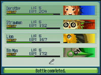The four characters lined up for turn-based battles in The Wizard of Oz: Beyond the Yellow Brick Road