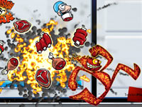 Splosion Man turning a scientist into coldcuts in Splosion Man