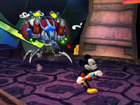 Mickey being chased by an insane looking enemy in Disney Epic Mickey