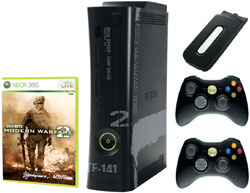 Xbox 360 'Modern Warfare 2' Limited Edition Console bundle showing console, game, hard drive and two controllers