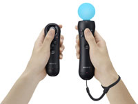 PlayStation Move controller in-hand with wrist strap, paired with the PlayStation Move Navigation Controller