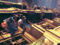 Running in lock-step across a fallen building in Army of Two: The 40th Day PSP