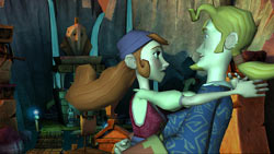 Elaine and Guybrush embracing in 'Tales of Monkey Island: Seige of Spinner Cay'