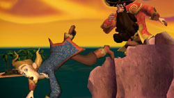 Guybrush taking a tumble care of the zombie pirate LeChuck in 'Tales of Monkey Island: Seige of Spinner Cay'