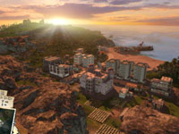 The sun setting over a Tropico city setting in Tropico 3