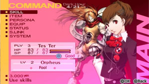 Character options screen from Shin Megami Tensei: Persona 3 Portable