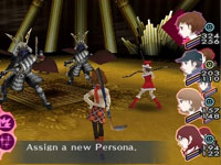 Assigning a new persona to a party member during combat in Shin Megami Tensei: Persona 3 Portable Assigning a new persona to a party member during combat in Shin Megami Tensei: Persona 3 Portable