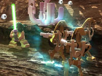 Yoda using a combination of lightsaber and Force power on battle droids in LEGO Star Wars III: The Clone Wars
