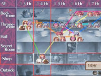 Timeline, rooms and investigation progress map from Disgaea Infinite