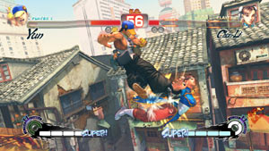 Yun hammering Chun-li with a kick in the air in Super Street Fighter IV: Arcade Edition