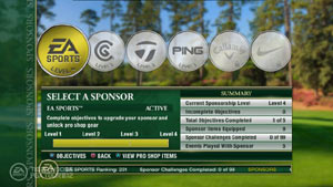 Select a sponsor screen from Tiger Woods PGA Tour 12: The Masters