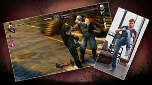 Split screen image with a player delivering a kick and the onscreen character delevering a kick in Fighters Uncaged Split screen image with a player delivering a kick and the onscreen character delevering a kick in Fighters Uncaged