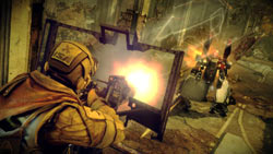 Taking aim at an enemy unit from a turret in Killzone 3: Helghast Edition