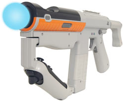 The PlayStation Move sharp shooter gun peripheral with the Move motion controller and navigational controller