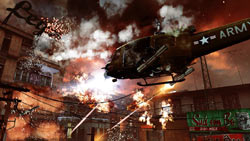 US gunship firing at ground targets in an urban Vietnamese setting in Call of Duty: Black Ops