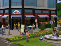 A retail space and its surroundings in The Sims 3: Town Life Stuff