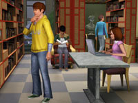 Young Sims at work in the library in The Sims 3: Town Life Stuff