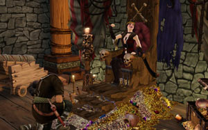 Sitting on a throne of pirate booty in The Sims Medieval: Pirates and Nobles