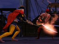 A noble and a pirate crossing swords on the high seas in The Sims Medieval: Pirates and Nobles