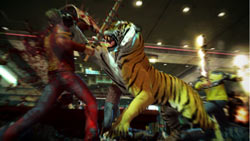 Co-op screen featuring the added danger of Snowflake the Siberian tiger in Dead Rising 2