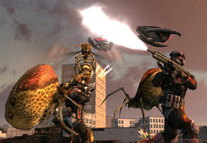 A fierce firefight against a combined tick and wasp attack in Earth Defense Force: Insect Armageddon