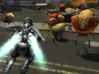 Using jet armor against ground-based huge bloated tick enemies in Earth Defense Force: Insect Armageddon