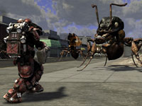 Using battle armor in close combat with huge alien ants in Earth Defense Force: Insect Armageddon