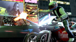Motorcyclist shattering a car winshield with automatic gunfire in Grand Theft Auto: Episodes from Liberty City