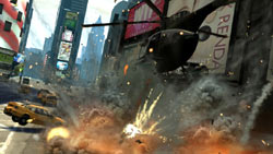 A helicopter attacking targets on the ground at close range in Grand Theft Auto: Episodes from Liberty City