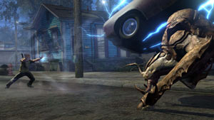 Cole using his abilities to toss a car at a huge enemy in inFAMOUS 2 Cole using his abilities to toss a car at a huge enemy in inFAMOUS 2