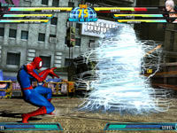 Spider-Man wrapping Dante up tight in Marvel vs. Capcom 3: Fate of Two Worlds
