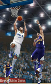 UCLA player laying it in over a Cal defender in NCAA Basketball 10