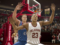 Cover athlete Blake Griffin in the low post against a Jayhawk player in NCAA Basketball 10 Cover athlete Blake Griffin in the low post against a Jayhawk player in NCAA Basketball 10