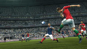 A shot on goal from the far outer wing in Pro Evolution Soccer 2012