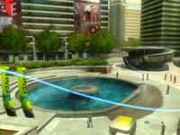 In-game urban district showing skatable path in Shaun White Skateboarding