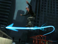 Player altering the skatable path using a rail grinding gameplay mechanic in Shaun White Skateboarding