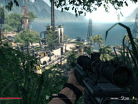 Sniper's first-person view from above a jungle refinery setting in Sniper: Ghost Warrior