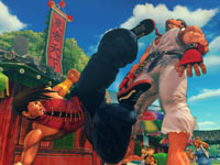 Yang landing a kick on Ryu in Super Street Fighter IV: Arcade Edition
