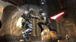 Clashing with Boba Fett on Tatoonine in Star Wars The Force Unleashed: Ultimate Sith Edition