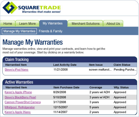 Screen shot of SquareTrade Manage My Warranties web page