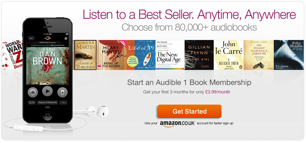 Listen to a Best Seller anytime, anywhere. Download any audiobook for just £3.99 per month, for your first 3 months, when you become an Audible Member Listen to a Best Seller anytime, anywhere. Download any audiobook for just £3.99 per month, for your first 3 months, when you become an Audible Member