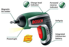 The Bosch IXO screwdriver is powered by lithium ion technology.