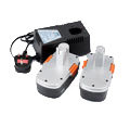 The power for the drill is provided by two 18-volt one-hour fast-charging battery packs